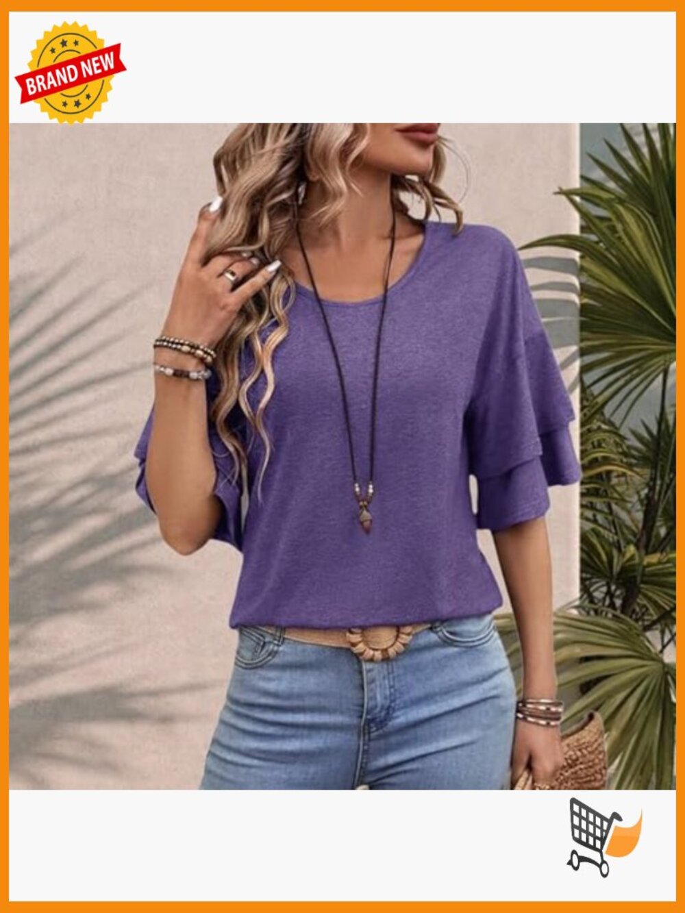 Ruffled 3/4 Bell Sleeve Crew Neck Tunic Top Loose Fit T-Shirt Blouse - Picture 3 of 7